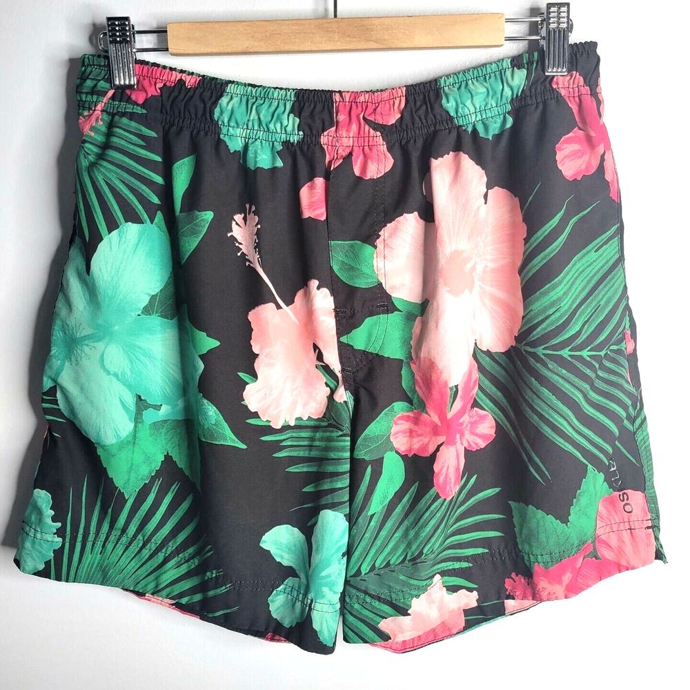 Osklen Surfing Mens Board Shorts Floral Swim Trunks 30 Tropical Pink Black Beach